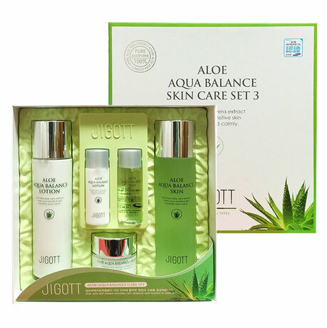 Jigott Набор для лица 3 предмета + 2 мини-версии ALOE AQUA BALANCE SKIN CARE SET3 с алоэ (тонер, эмульсия, крем) 